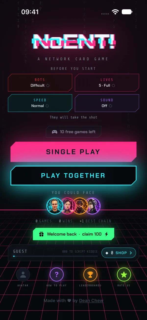 The NoENT! home screen: Single Play, Play Together and the players you could face.